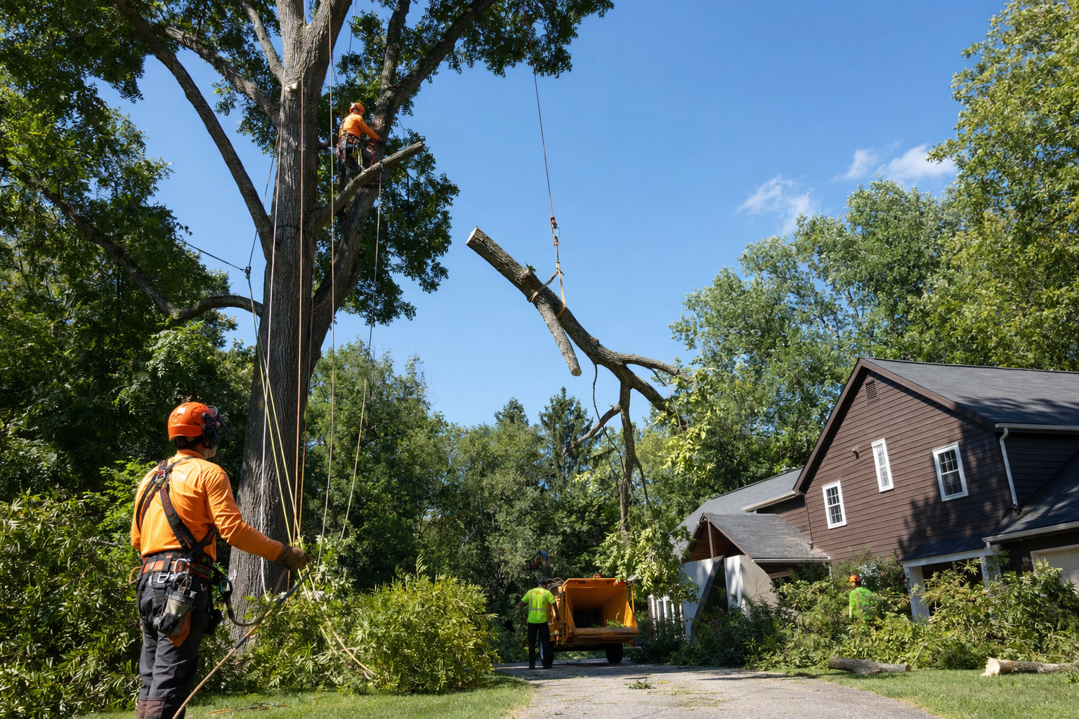 Illustration of a tree crew safely removing a large tree near a house, shown with a tree-ring motif