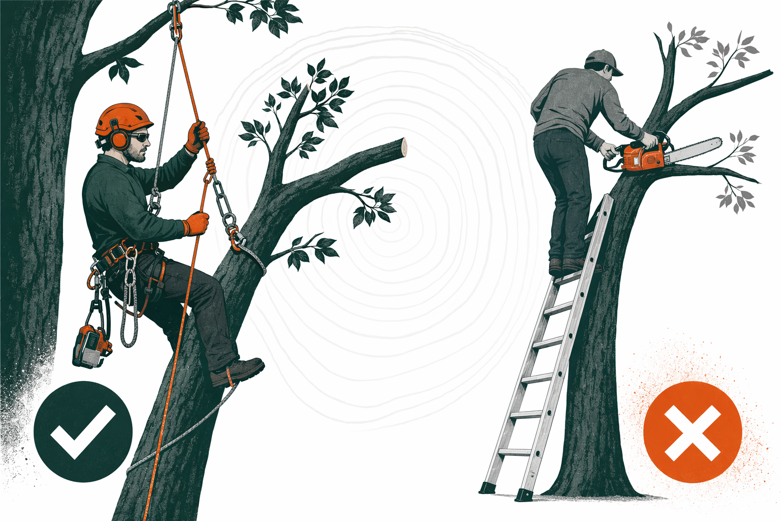 Ilistrasyon pou Arborist ki gen sètifikasyon ISA vs. yon bòs/monsie (handyman) ak yon chainsaw