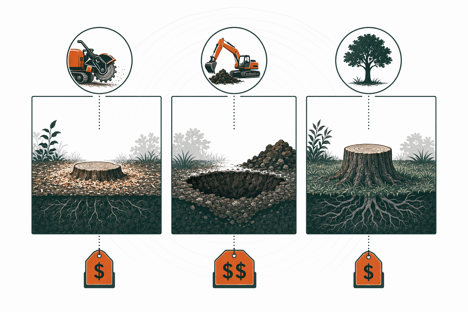 Illustration for Stump grinding vs. full removal vs. leaving it